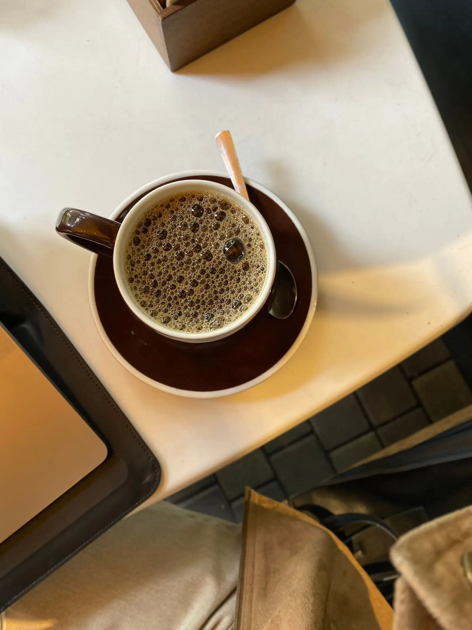 Overhead coffee with textured foam